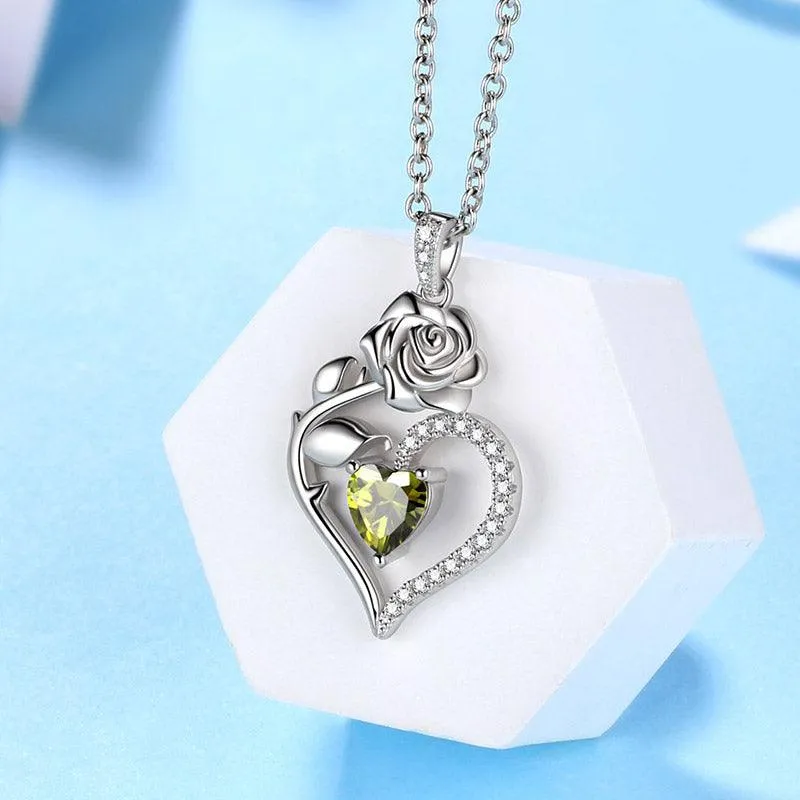 August Peridot Necklace Women Heart Birthstone Pendant Flower Rose Jewelry Birthday Gifts