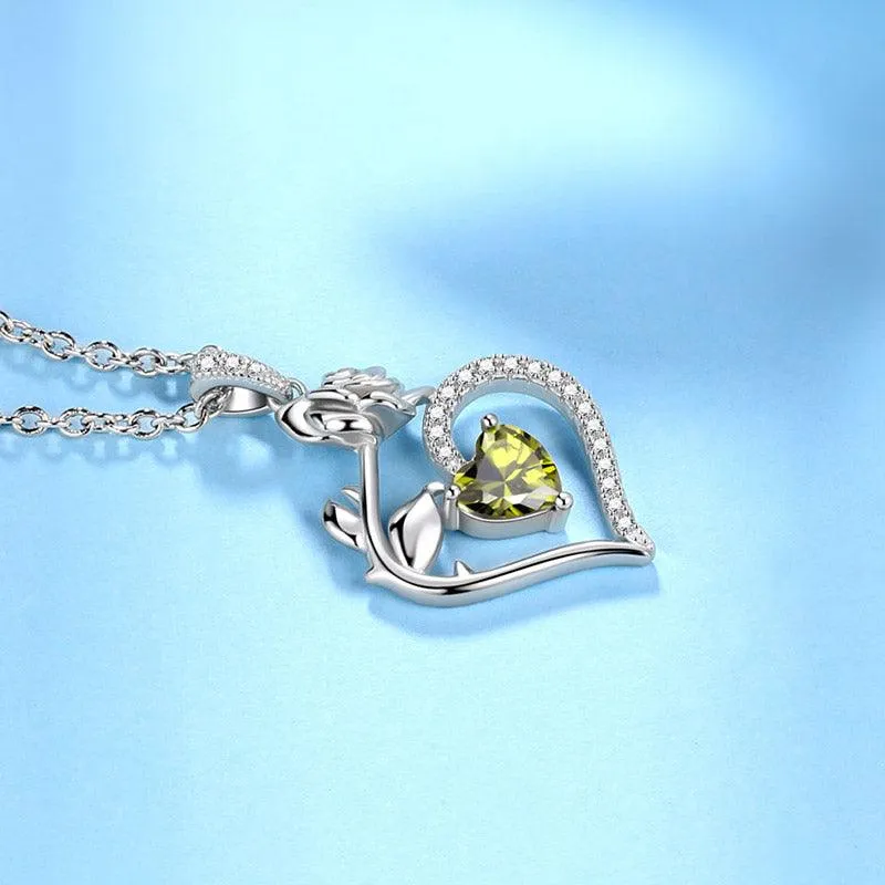 August Peridot Necklace Women Heart Birthstone Pendant Flower Rose Jewelry Birthday Gifts