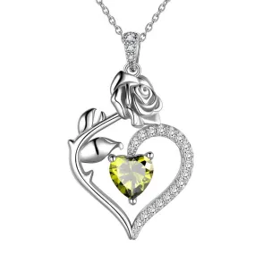 August Peridot Necklace Women Heart Birthstone Pendant Flower Rose Jewelry Birthday Gifts