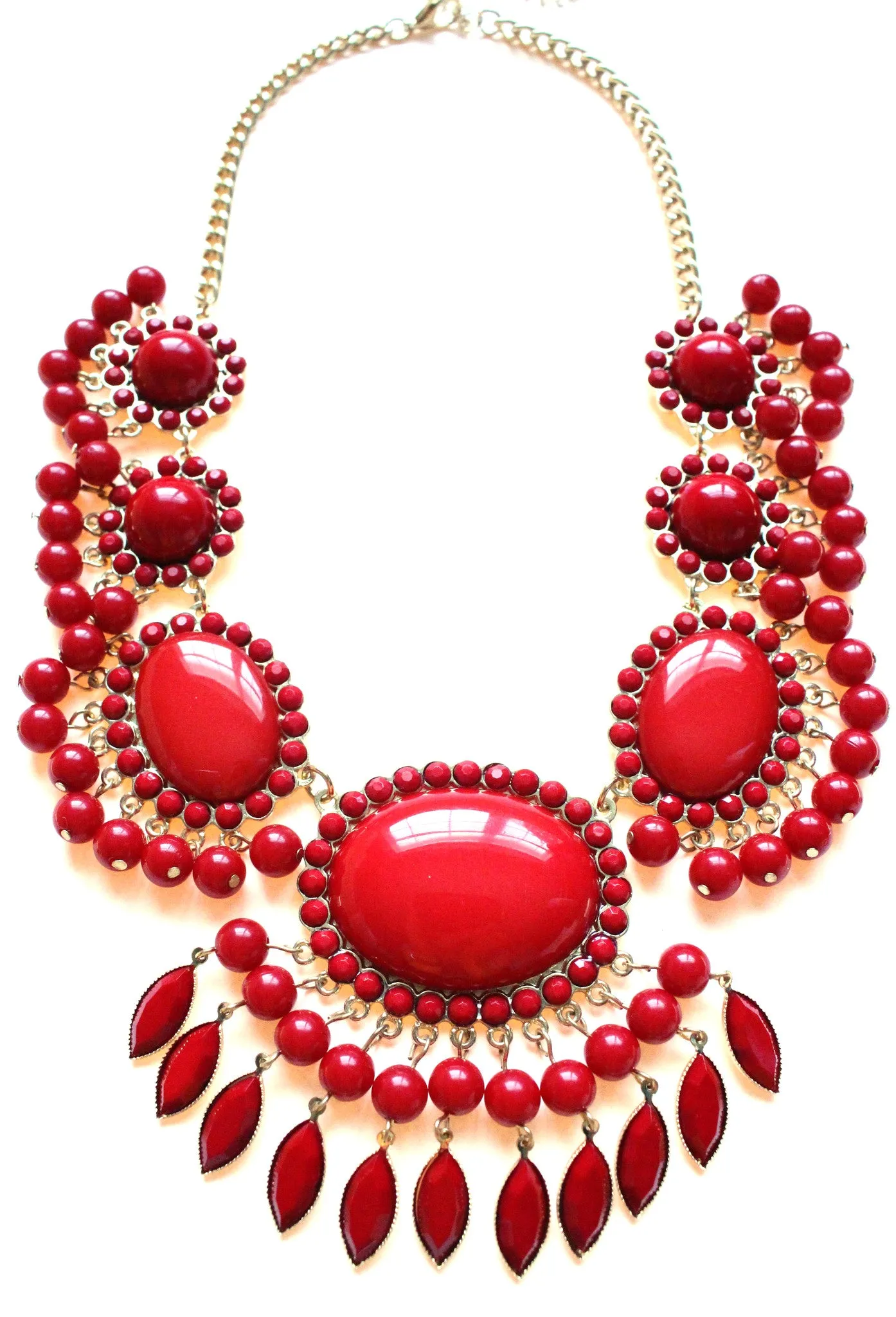 Bauble Fan Fringe Statement Necklace- Red