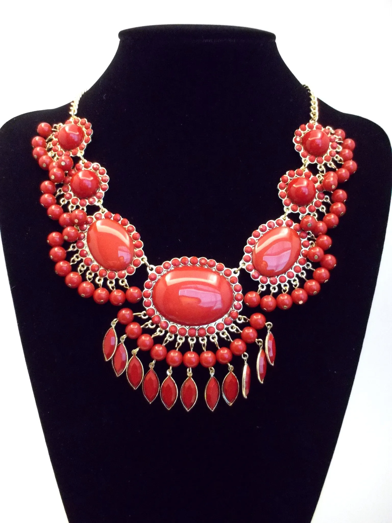 Bauble Fan Fringe Statement Necklace- Red