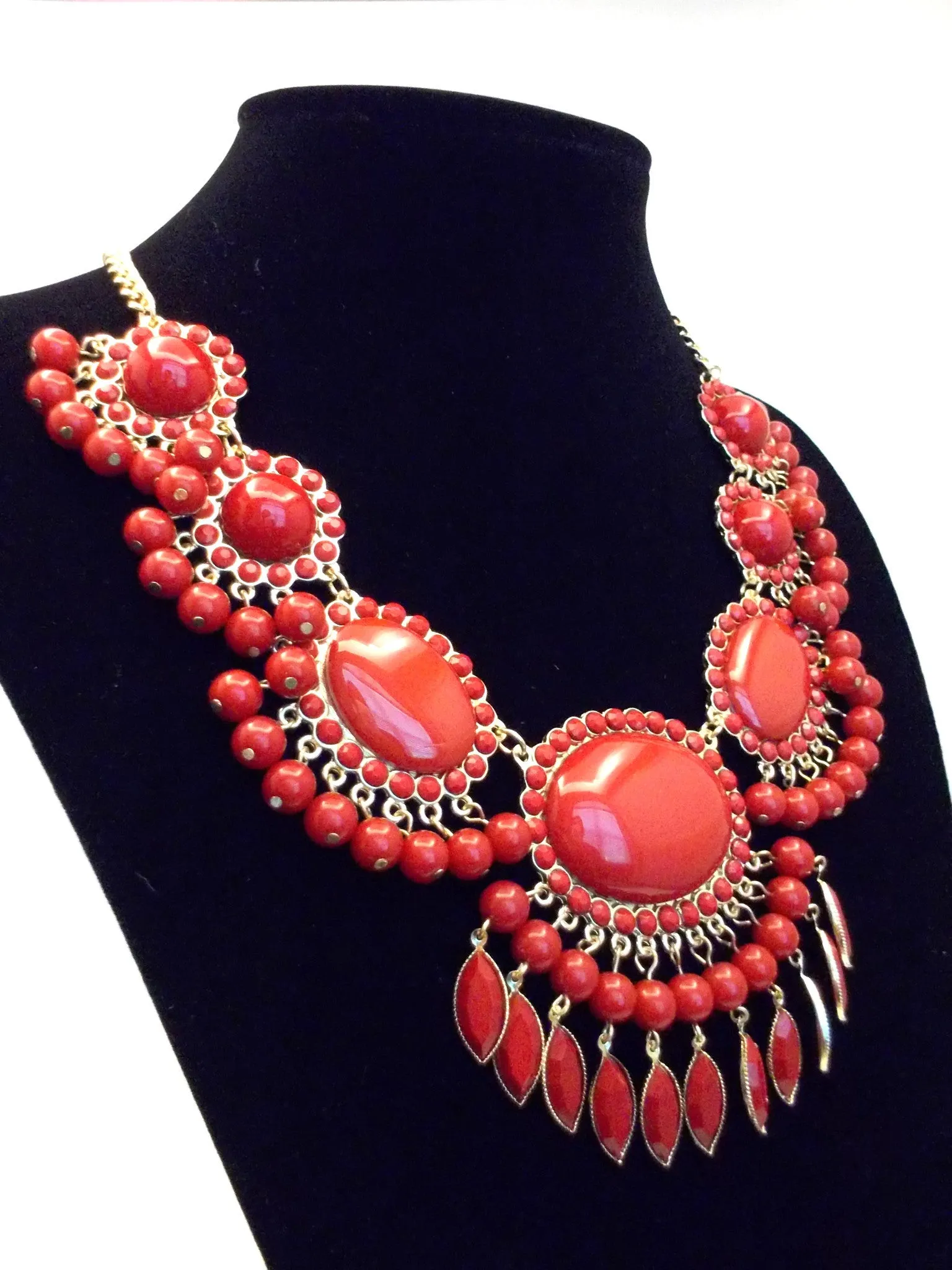 Bauble Fan Fringe Statement Necklace- Red