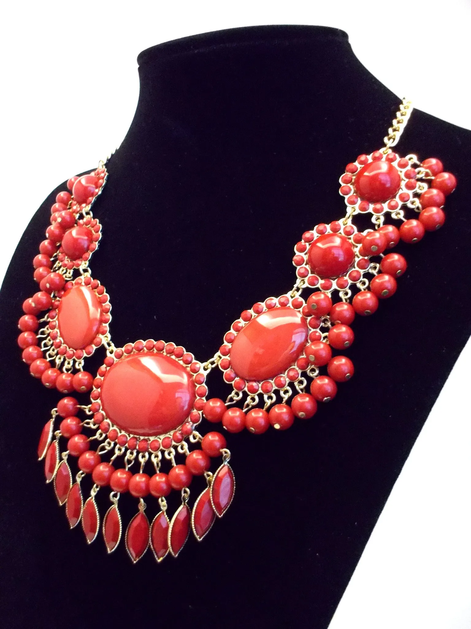 Bauble Fan Fringe Statement Necklace- Red