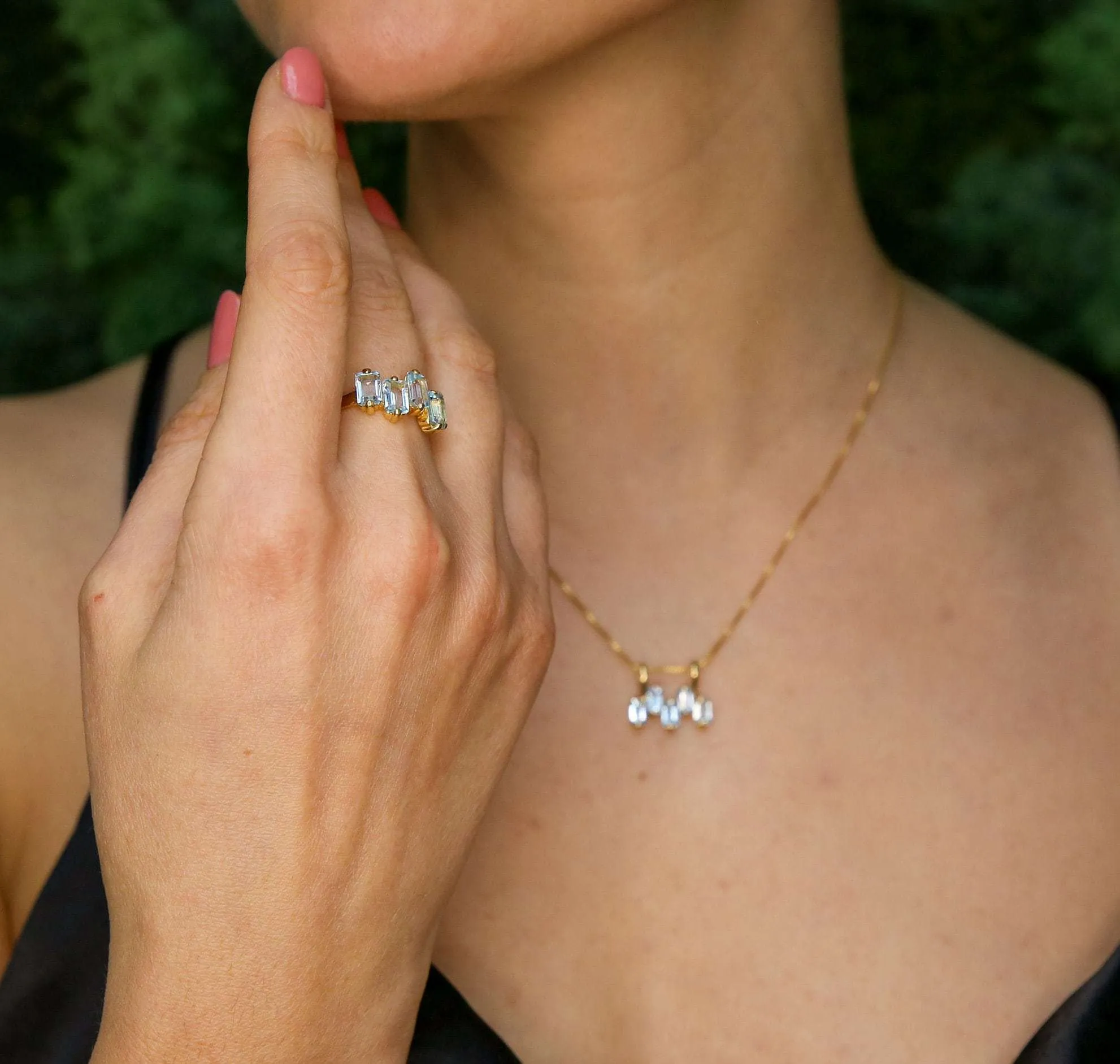 Blue Topaz Gold Ring - Gold Baguette Band - Natural Topaz Ring