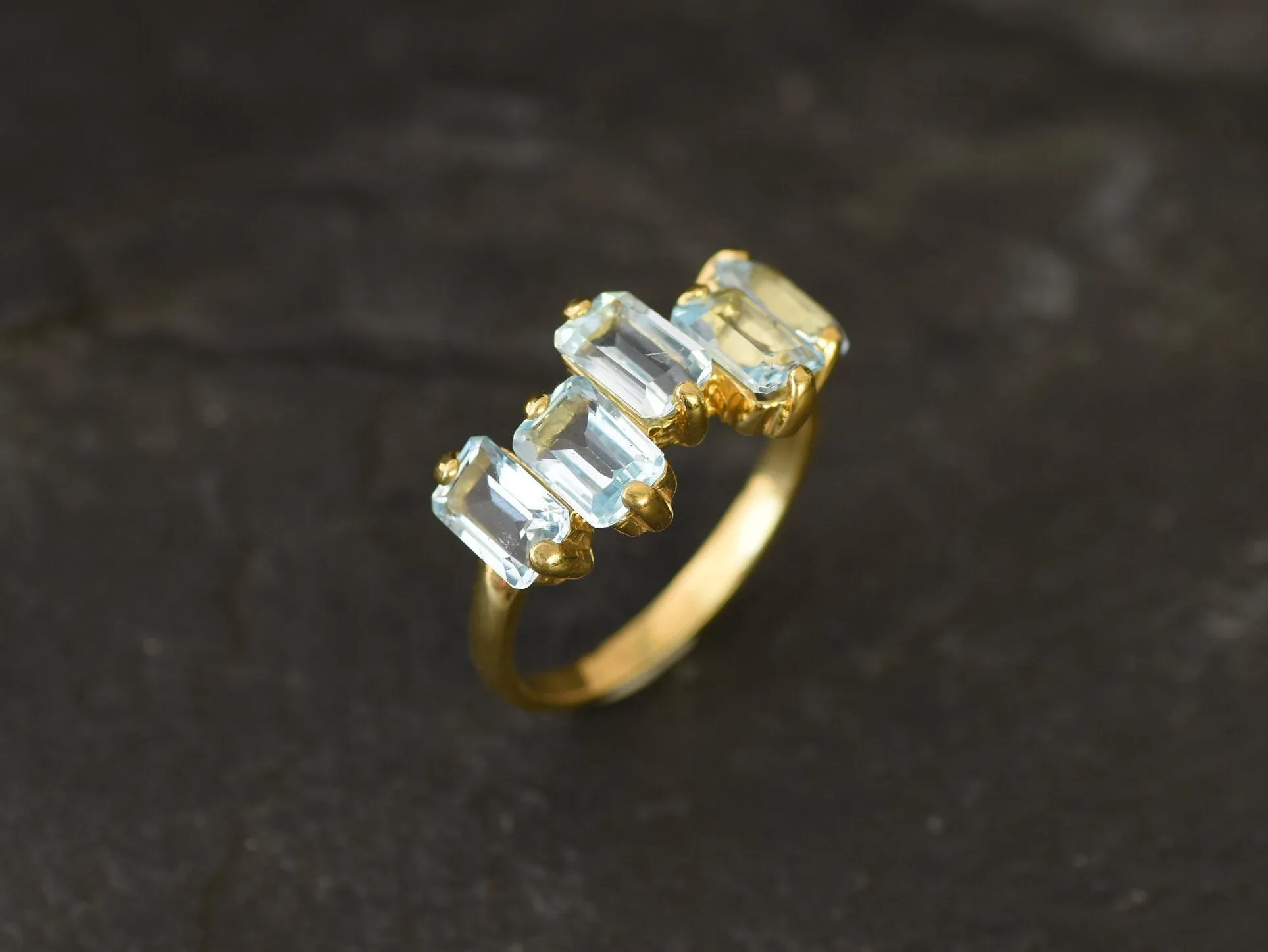 Blue Topaz Gold Ring - Gold Baguette Band - Natural Topaz Ring
