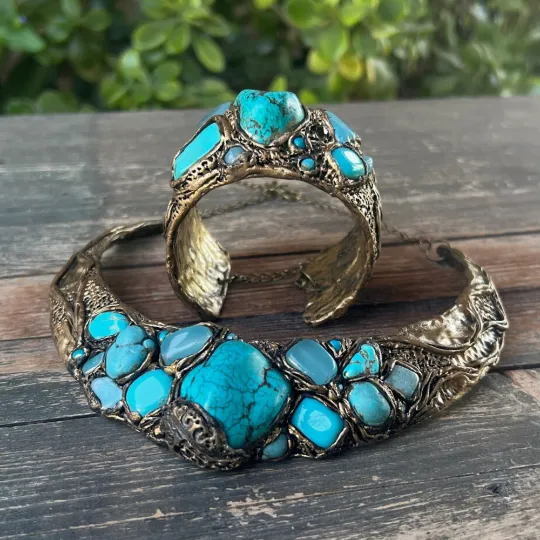 Boho Turquoise and Amazonite Raw Stone Chunky Cuff Bracelet