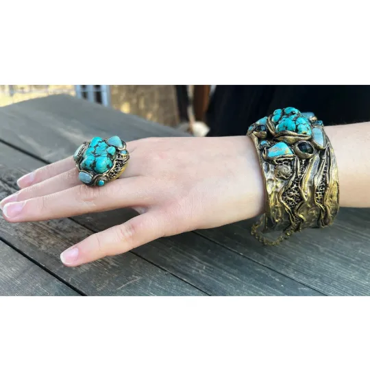 Boho Turquoise and Amazonite Raw Stone Chunky Cuff Bracelet