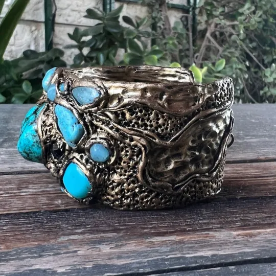 Boho Turquoise and Amazonite Raw Stone Chunky Cuff Bracelet