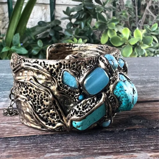 Boho Turquoise and Amazonite Raw Stone Chunky Cuff Bracelet