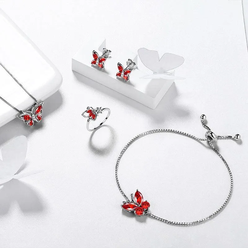 Butterfly Birthstone January Garnet Jewelry Set 5PCS Women Girls Birthday Gift