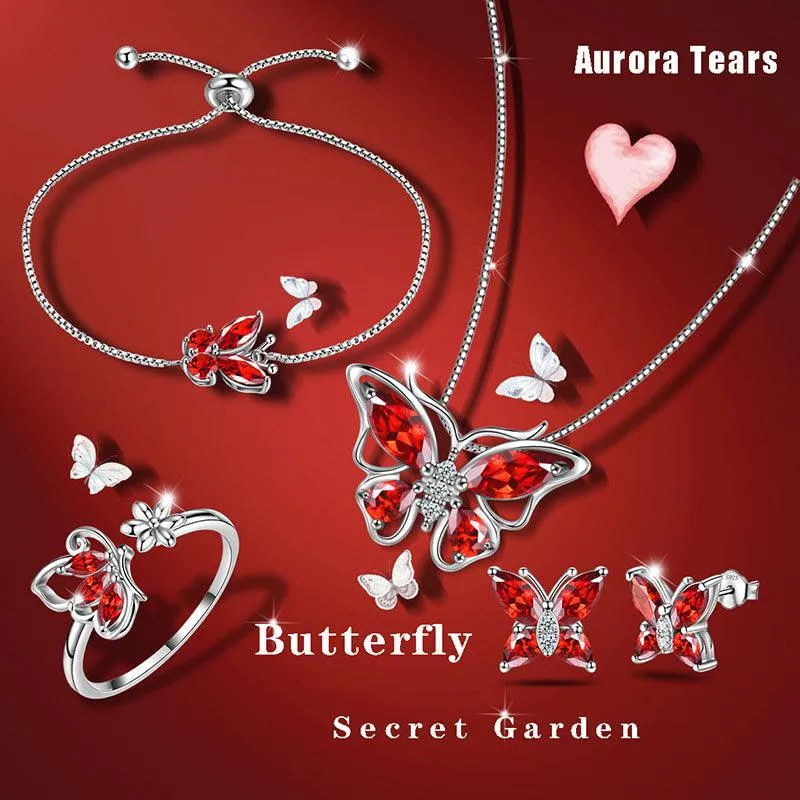 Butterfly Birthstone January Garnet Jewelry Set 5PCS Women Girls Birthday Gift