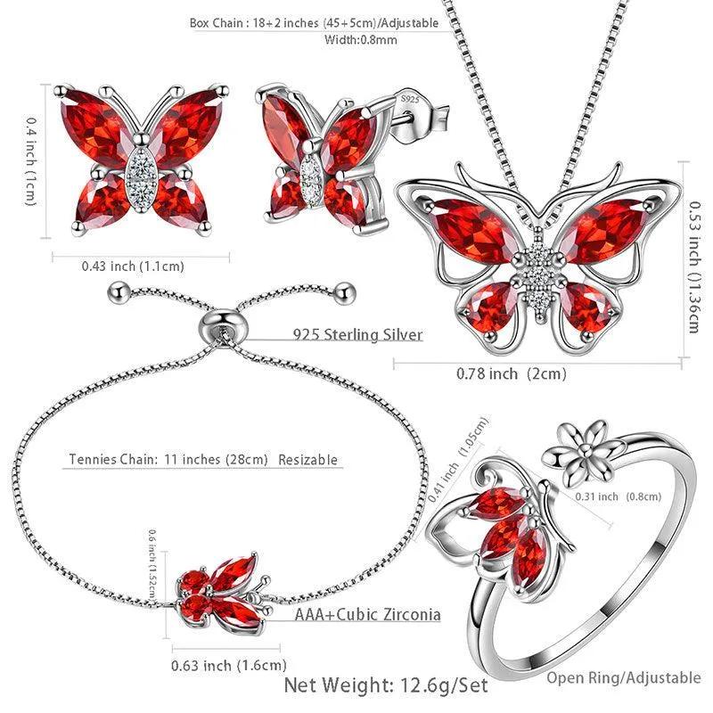 Butterfly Birthstone January Garnet Jewelry Set 5PCS Women Girls Birthday Gift