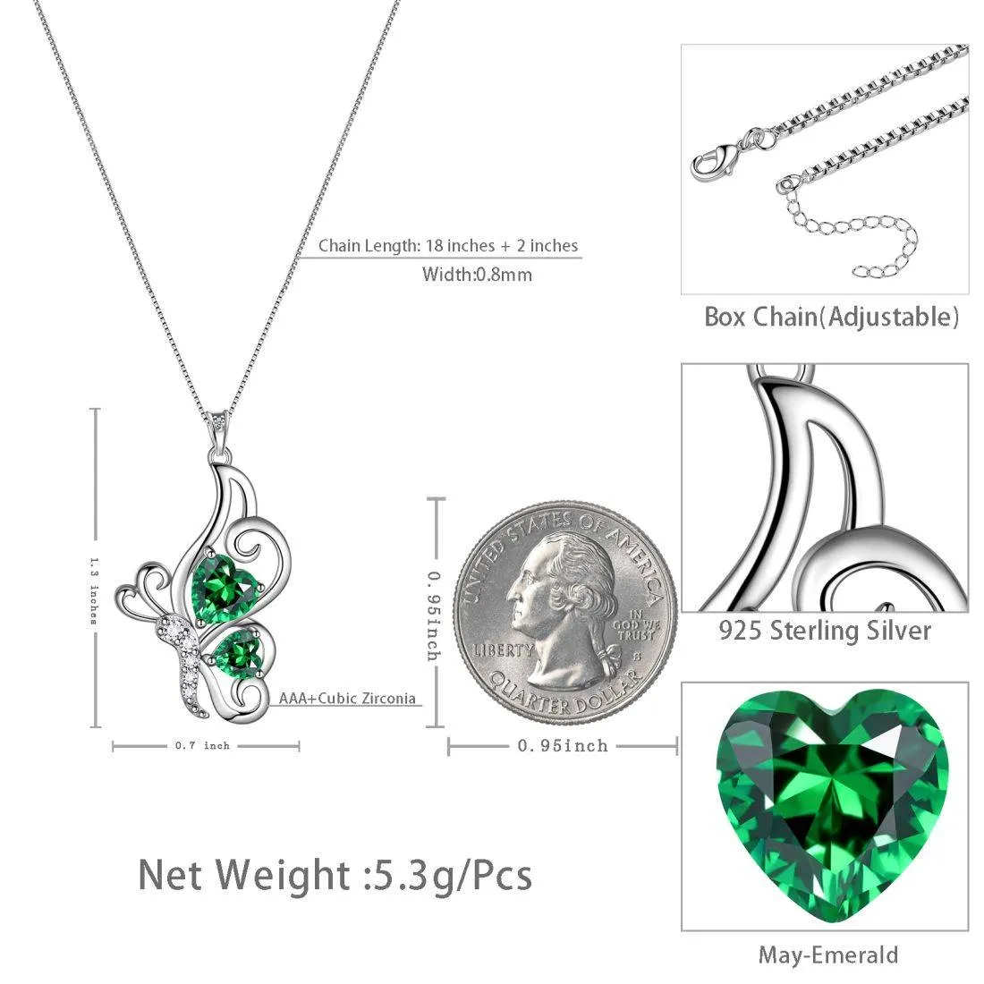 Butterfly Birthstone May Emerald Necklace Women Girls Jewelry Birthday Gift Sterling Silver