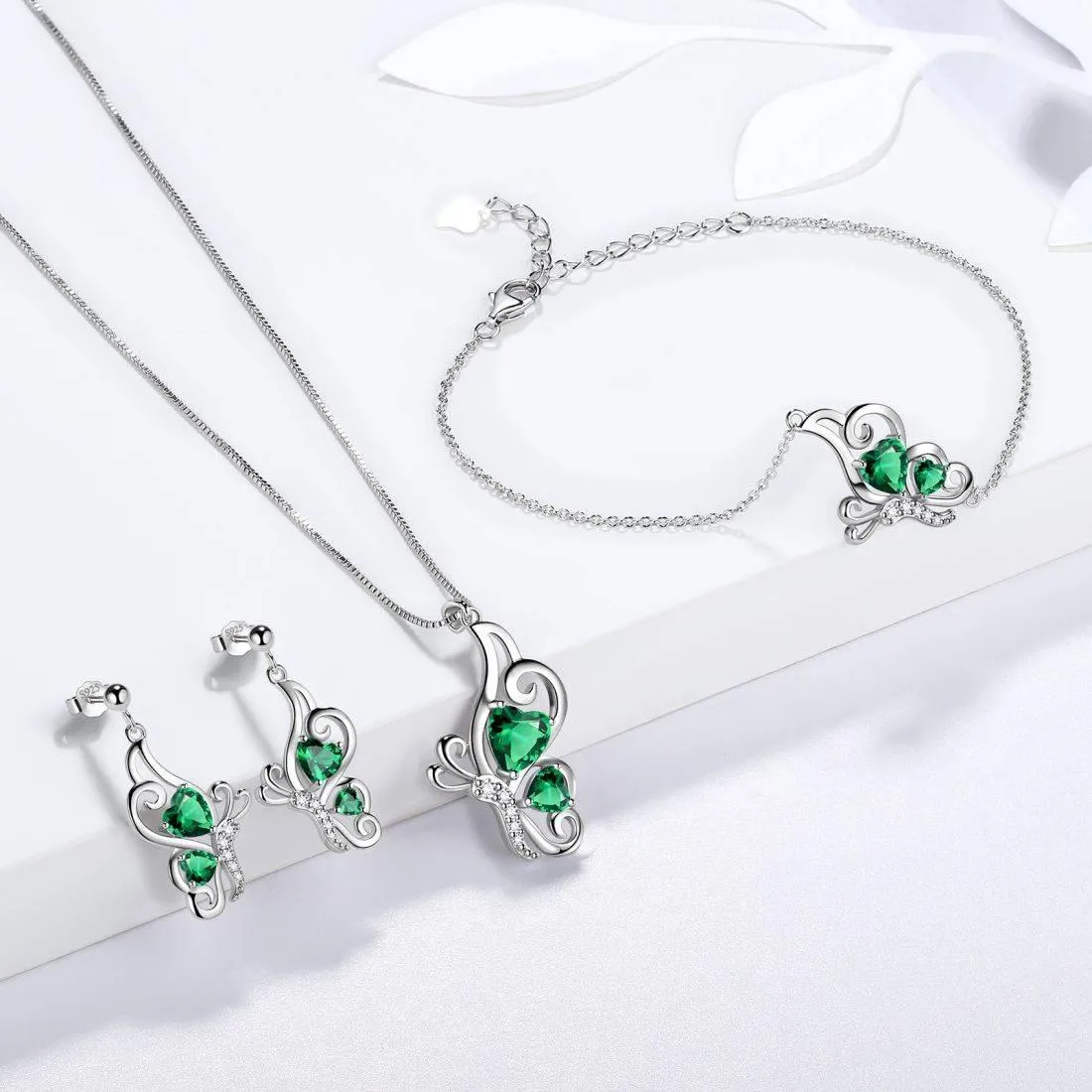Butterfly Birthstone May Emerald Necklace Women Girls Jewelry Birthday Gift Sterling Silver
