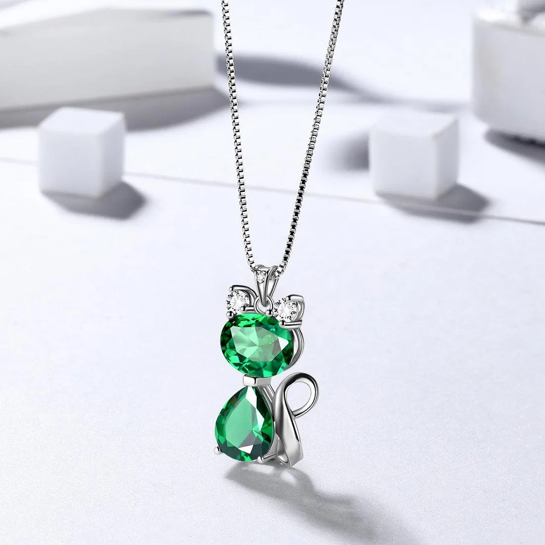 Cat Birthstone May Emerald Necklace Earring Jewelry Set Women Girls Birthday Gift