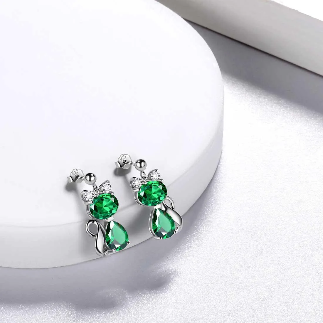 Cat Birthstone May Emerald Necklace Earring Jewelry Set Women Girls Birthday Gift