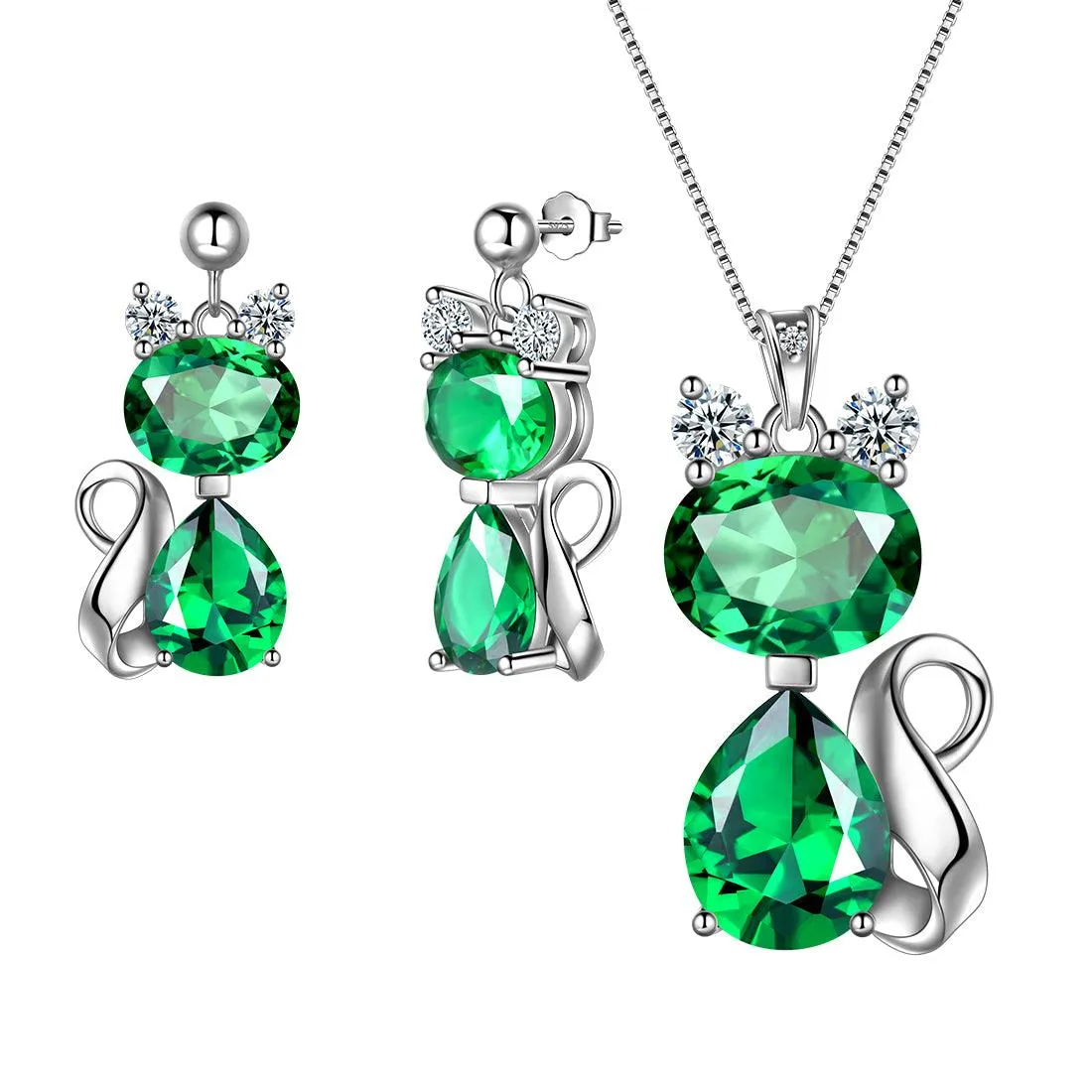 Cat Birthstone May Emerald Necklace Earring Jewelry Set Women Girls Birthday Gift