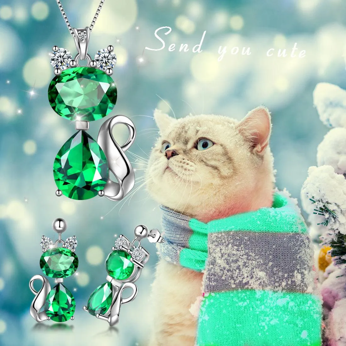 Cat Birthstone May Emerald Necklace Earring Jewelry Set Women Girls Birthday Gift