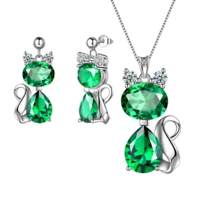 Cat Birthstone May Emerald Necklace Earring Jewelry Set Women Girls Birthday Gift