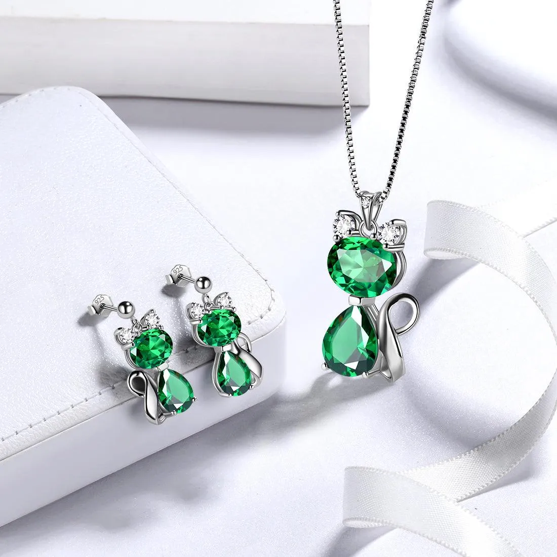 Cat Birthstone May Emerald Necklace Earring Jewelry Set Women Girls Birthday Gift