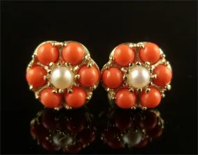 Coral And Pearl Cluster Gold Earrings