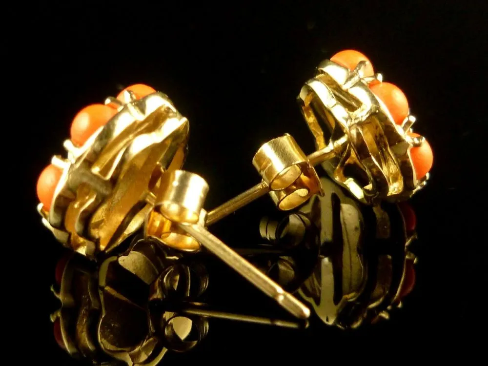 Coral And Pearl Cluster Gold Earrings