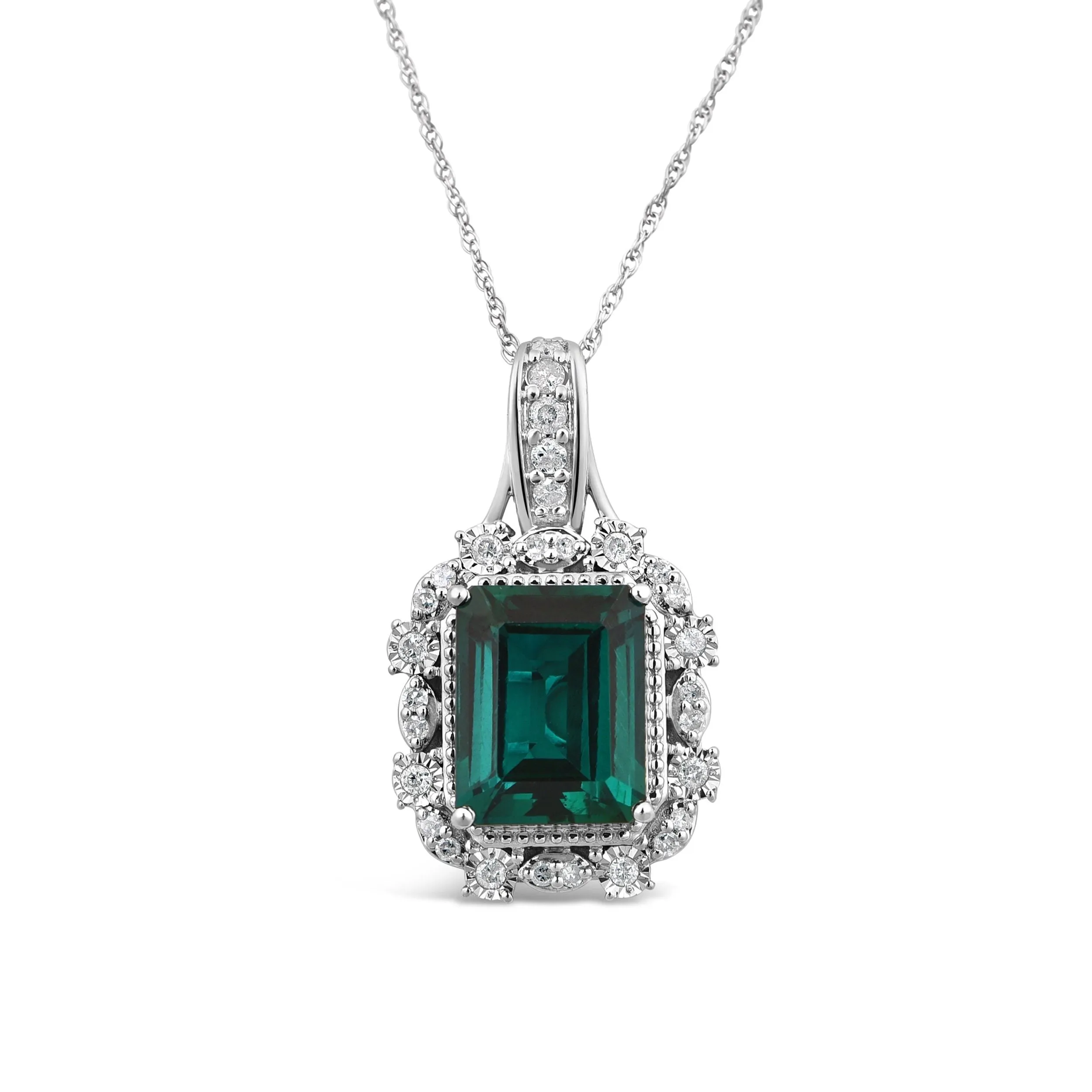 Created Emerald Necklace with 1/5ct of Diamonds in 9ct White Gold