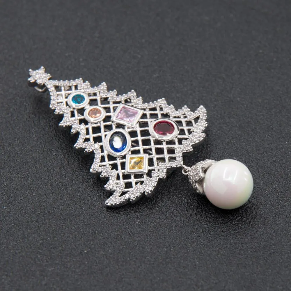 Crystals CZ Cubic Zircon Christmas Tree Brooch Pin  Broach Pendant THB008