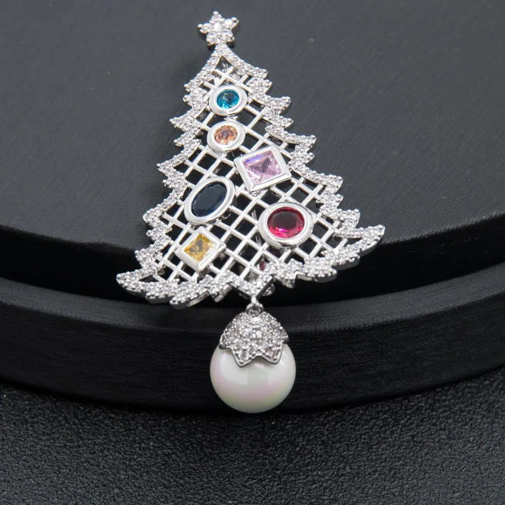 Crystals CZ Cubic Zircon Christmas Tree Brooch Pin  Broach Pendant THB008