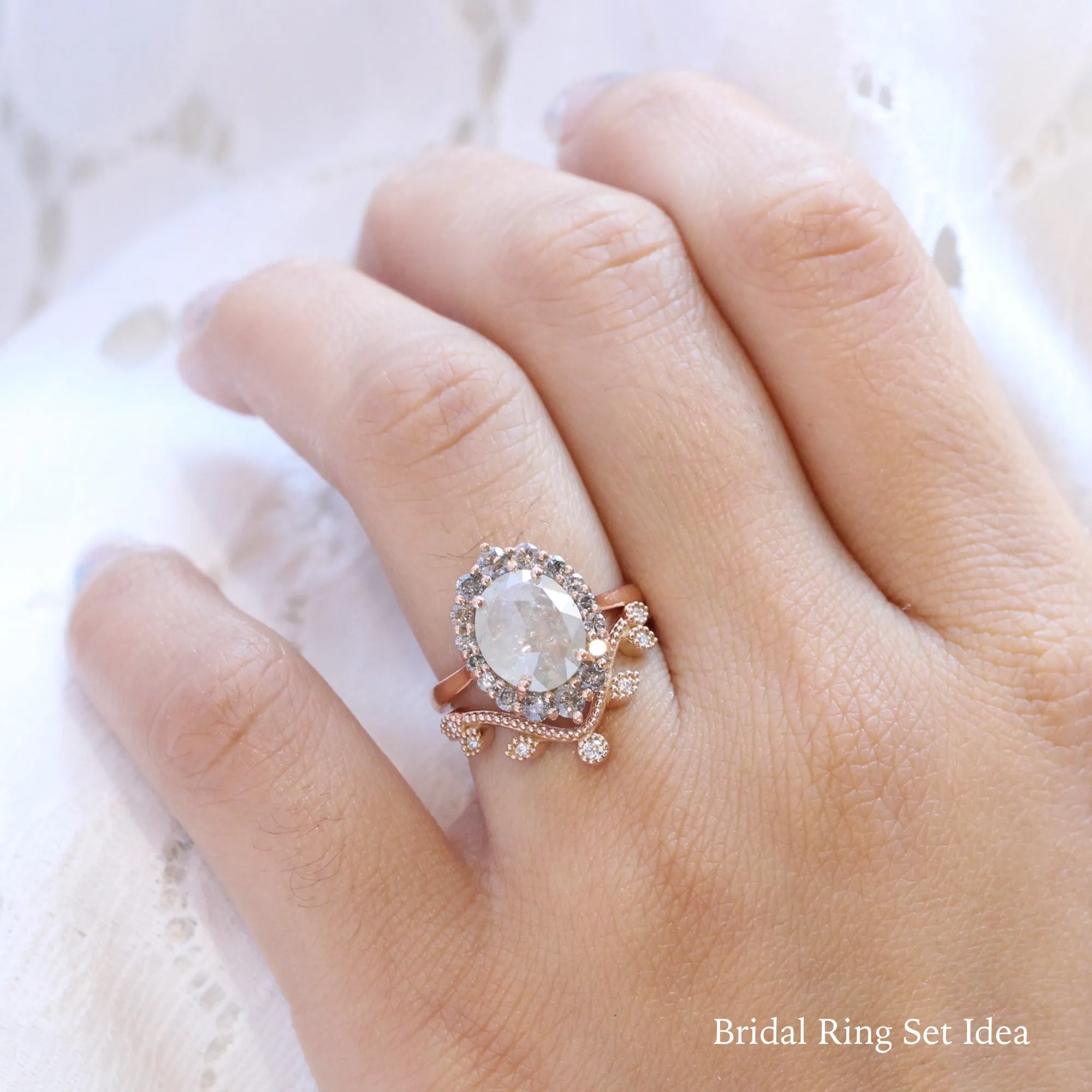 Curved Leaf Diamond Wedding Ring in Deep U Shaped Milgrain Band