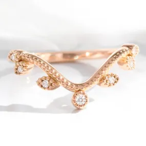 Curved Leaf Diamond Wedding Ring in Deep U Shaped Milgrain Band
