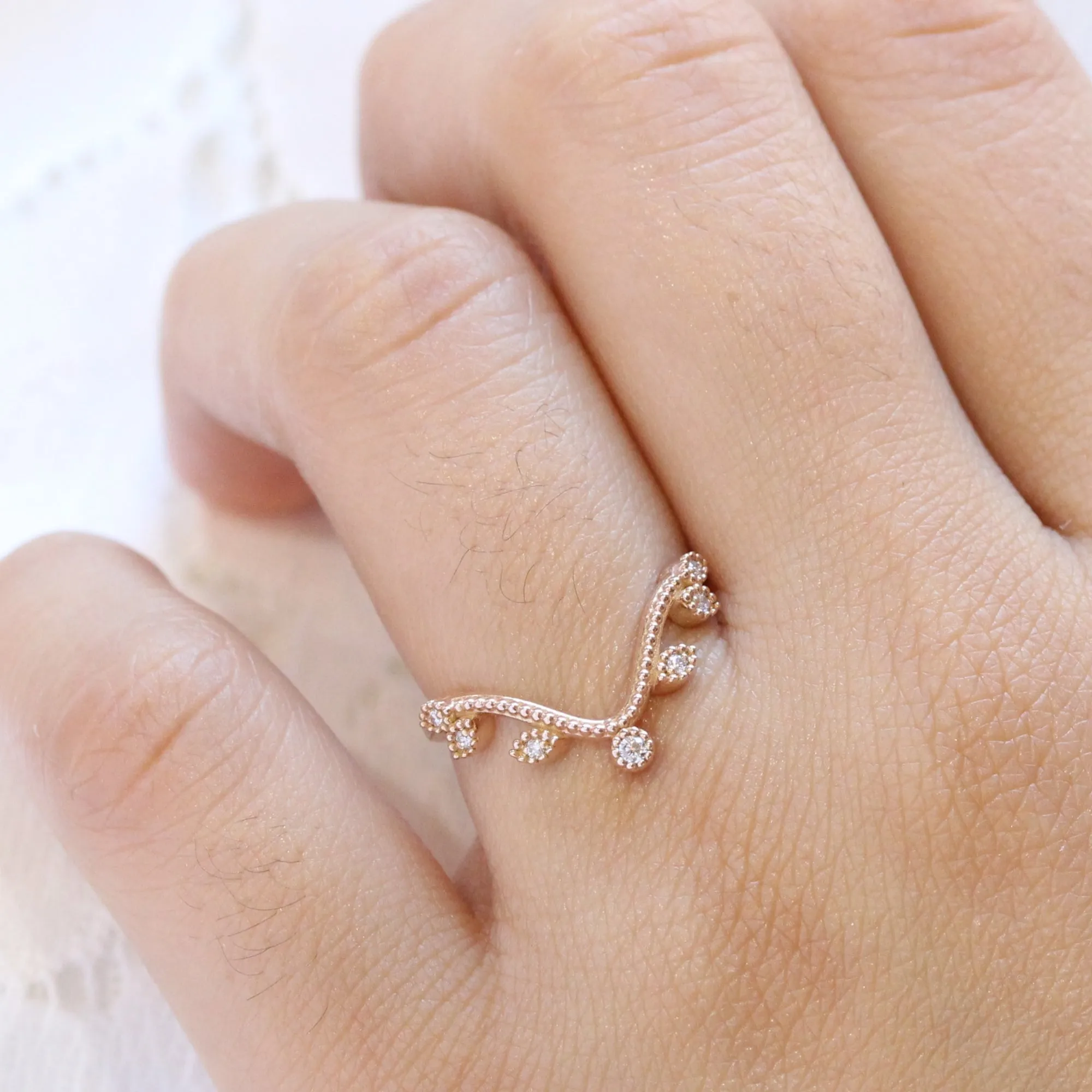 Curved Leaf Diamond Wedding Ring in Deep U Shaped Milgrain Band