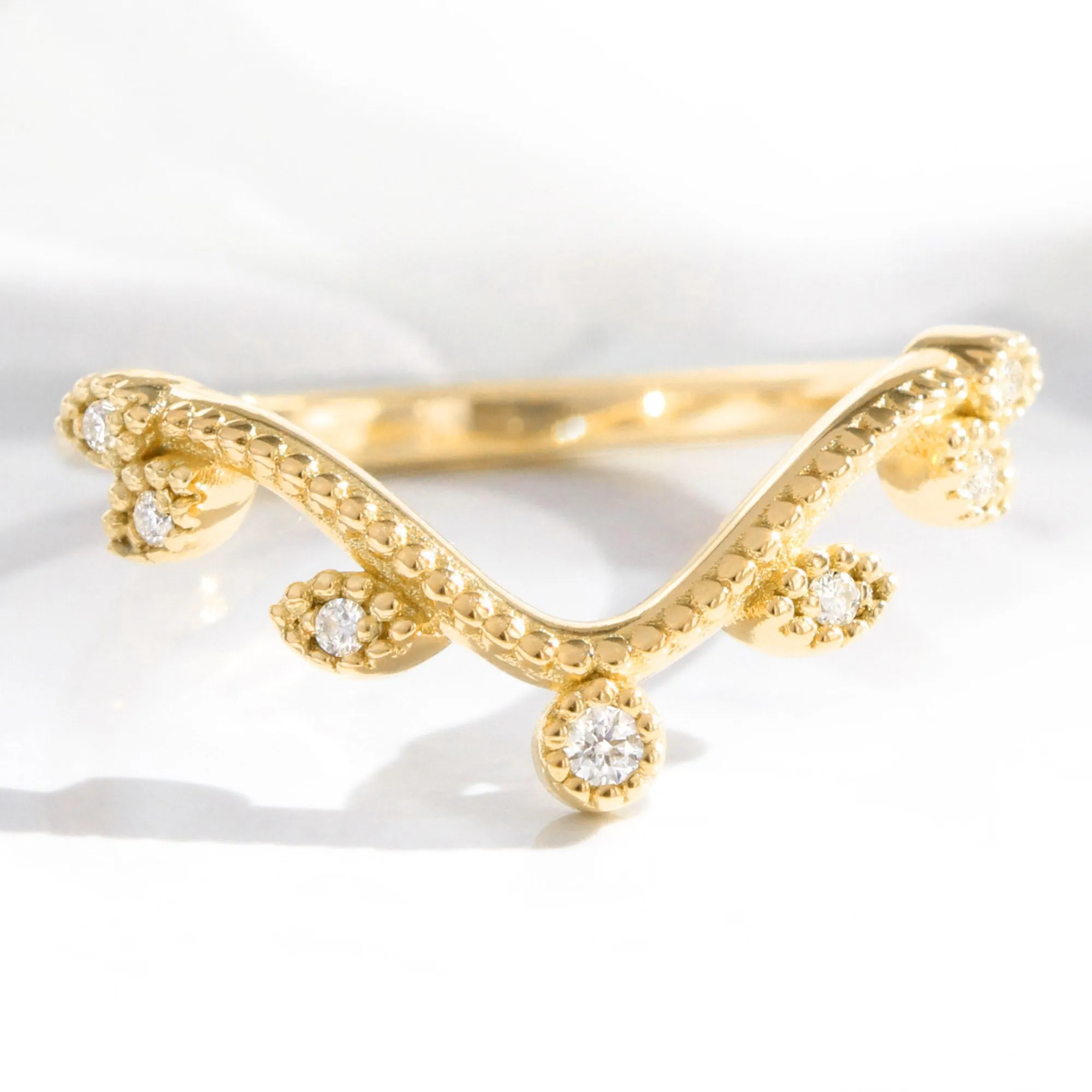 Curved Leaf Diamond Wedding Ring in Deep U Shaped Milgrain Band