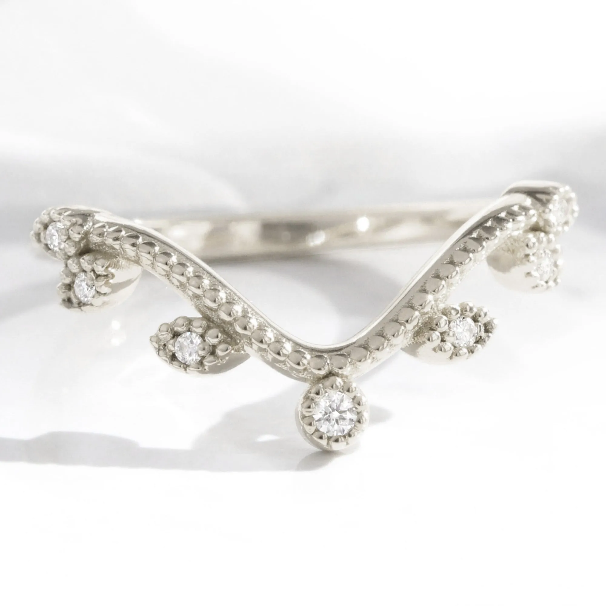 Curved Leaf Diamond Wedding Ring in Deep U Shaped Milgrain Band