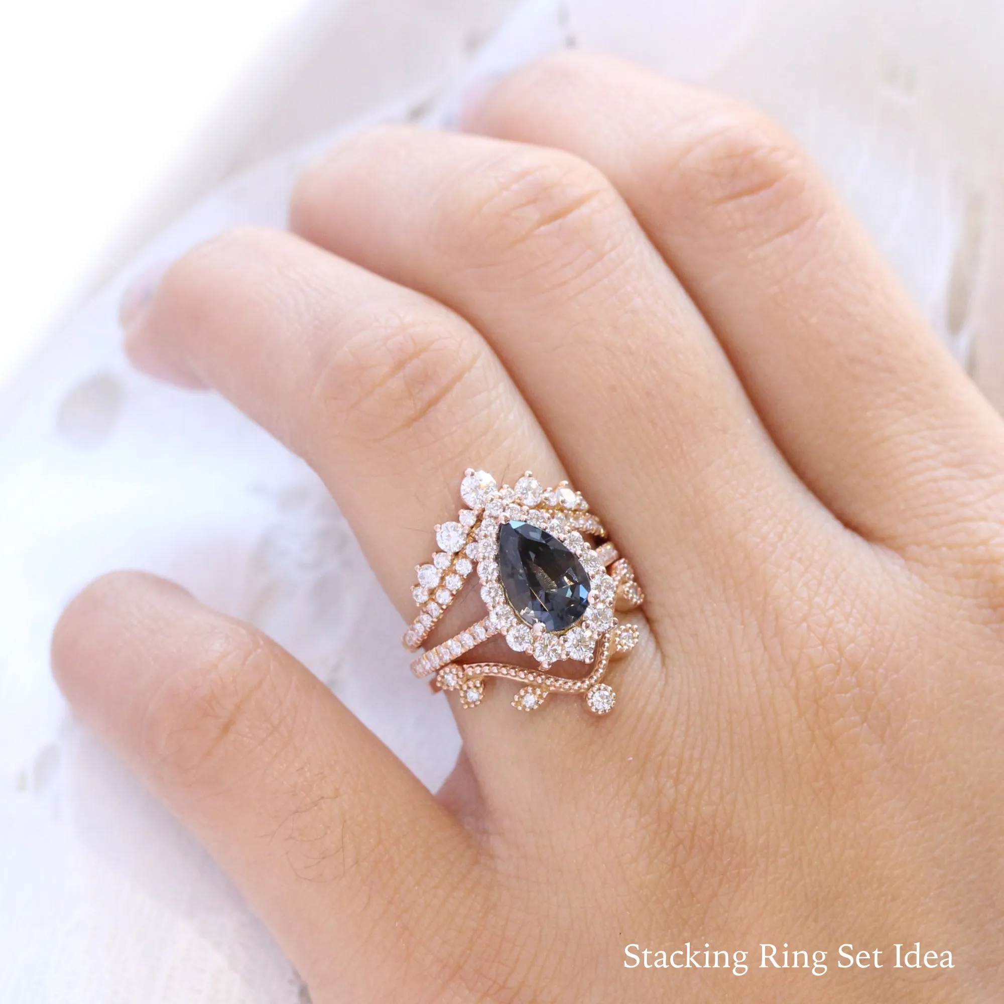 Curved Leaf Diamond Wedding Ring in Deep U Shaped Milgrain Band