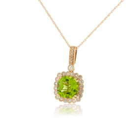 Cushion Cut Peridot & Milgrain Style Diamond Halo Pendant