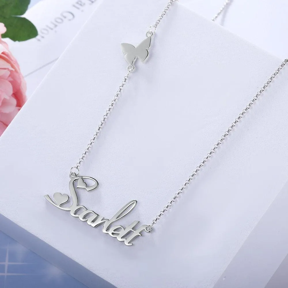Customizable 925 Sterling Silver pendant necklace with a nameplate and butterfly