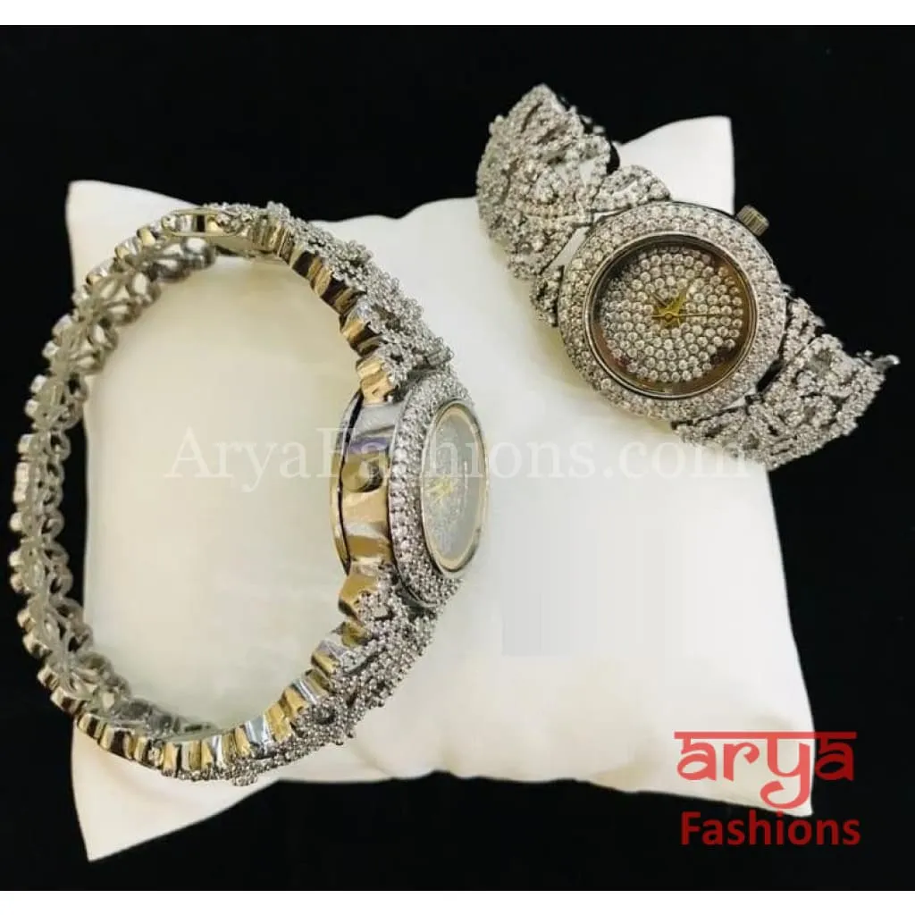 CZ Designer Ladies Watch/ Rose Gold Silver Designer Bridal Watch/ CZ Stone Female Wrist Watch/ Hip Hop Watch