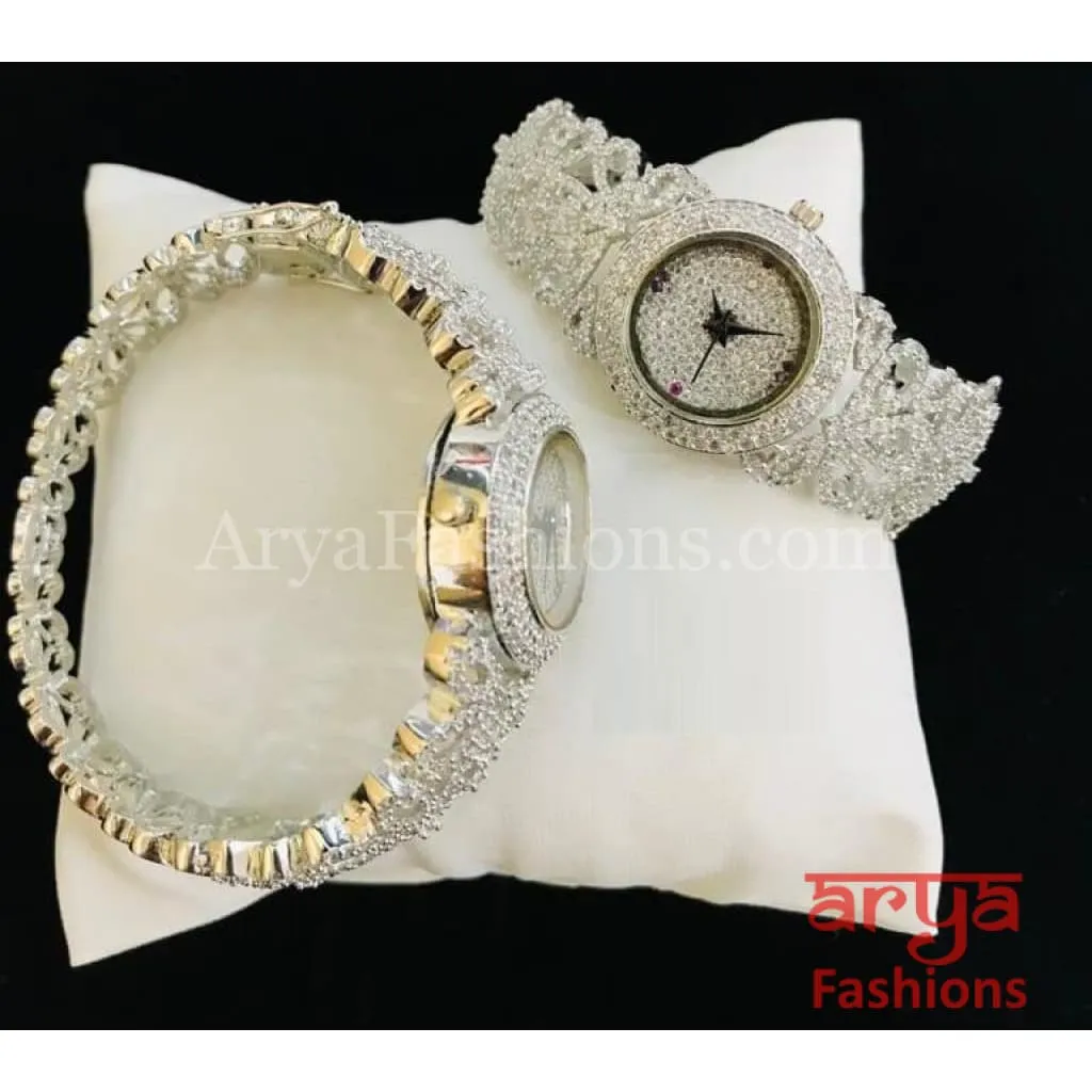 CZ Designer Ladies Watch/ Rose Gold Silver Designer Bridal Watch/ CZ Stone Female Wrist Watch/ Hip Hop Watch
