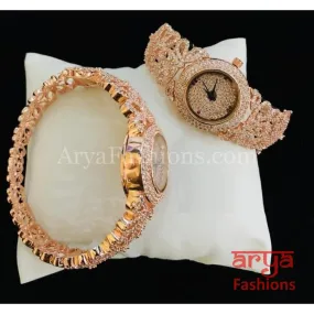 CZ Designer Ladies Watch/ Rose Gold Silver Designer Bridal Watch/ CZ Stone Female Wrist Watch/ Hip Hop Watch