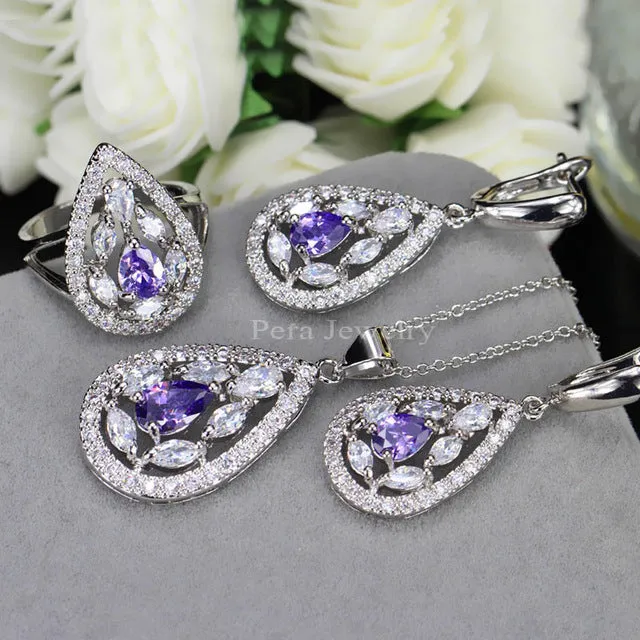 CZ New Fashion White And Yellow Crystal Stone 925 Sterling Silver 3 Piece Big Water Drop Jewelry Sets For Women Party