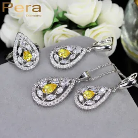 CZ New Fashion White And Yellow Crystal Stone 925 Sterling Silver 3 Piece Big Water Drop Jewelry Sets For Women Party