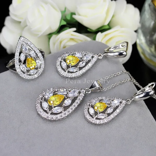 CZ New Fashion White And Yellow Crystal Stone 925 Sterling Silver 3 Piece Big Water Drop Jewelry Sets For Women Party