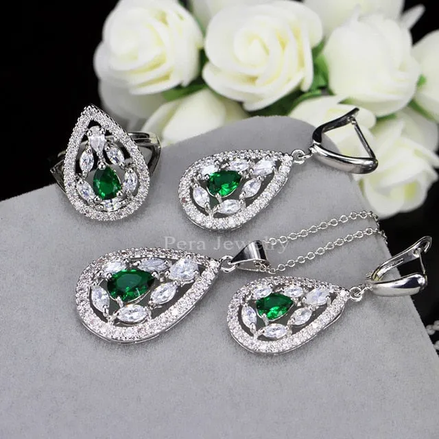 CZ New Fashion White And Yellow Crystal Stone 925 Sterling Silver 3 Piece Big Water Drop Jewelry Sets For Women Party