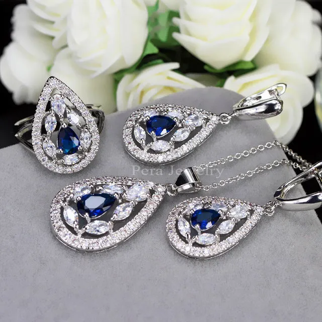 CZ New Fashion White And Yellow Crystal Stone 925 Sterling Silver 3 Piece Big Water Drop Jewelry Sets For Women Party