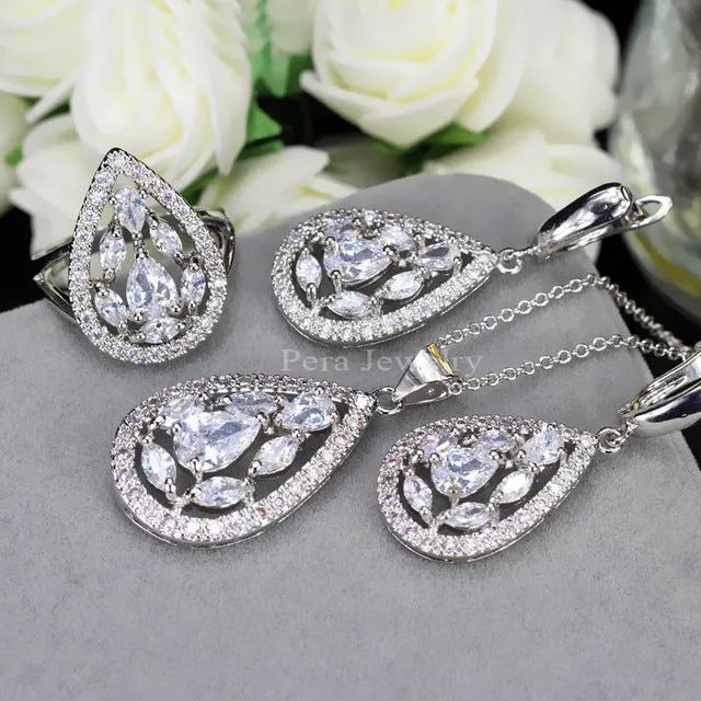 CZ New Fashion White And Yellow Crystal Stone 925 Sterling Silver 3 Piece Big Water Drop Jewelry Sets For Women Party