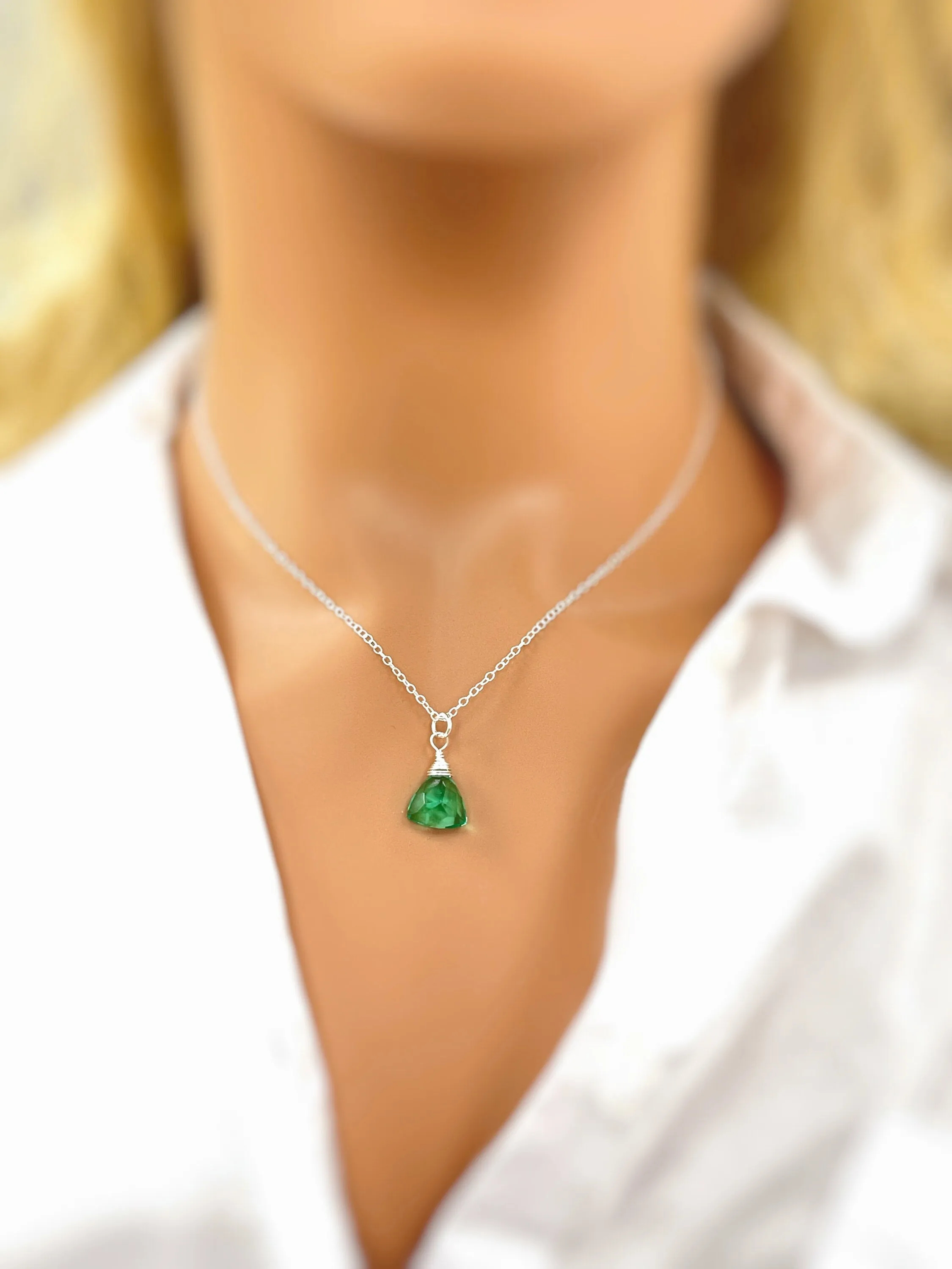 Dainty Emerald Green Necklace Sterling Silver