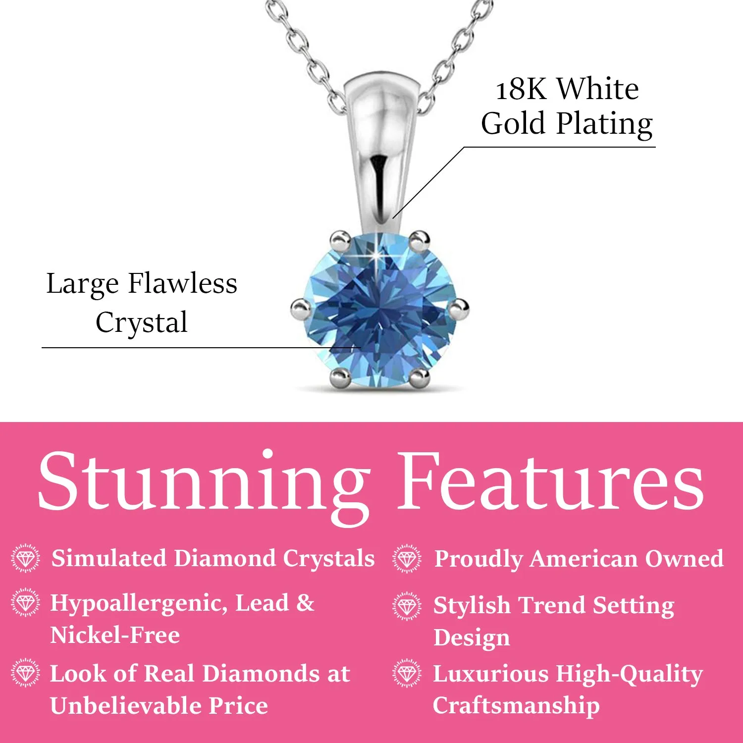 December Birthstone Blue Topaz Necklace 18k White Gold Plated Solitaire Necklace with 1CT Swarovski Crystal