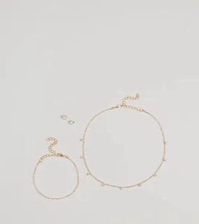 Delicate Glam Rhinestone Necklace, Bracelet, And Earrings Set