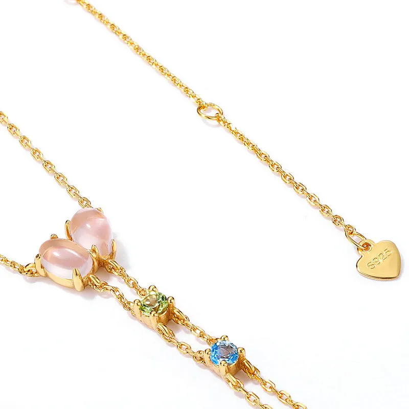 Double Pink Crystal Tassel Silver Necklace